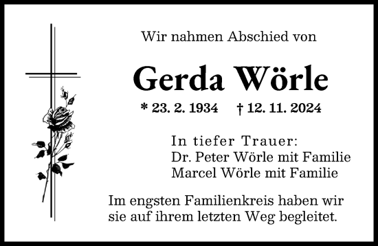 Traueranzeige von Gerda Wörle von Augsburger Allgemeine