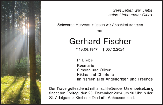 Traueranzeige von Gerhard Fischer von Wertinger Zeitung, Donauwörther Zeitung, Augsburger Allgemeine