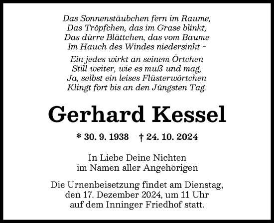 Traueranzeige von Gerhard Kessel von Augsburger Allgemeine
