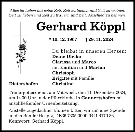 Traueranzeige von Gerhard Köppl von Illertisser Zeitung