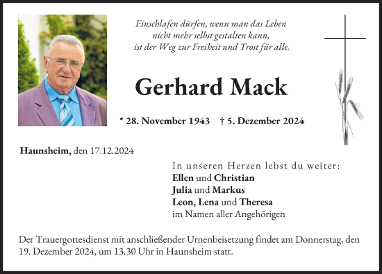 Traueranzeige von Gerhard Mack von Donau Zeitung
