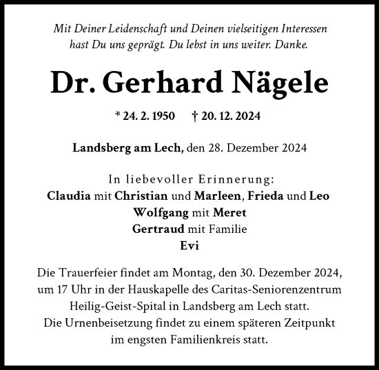 Traueranzeige von Gerhard Nägele von Landsberger Tagblatt