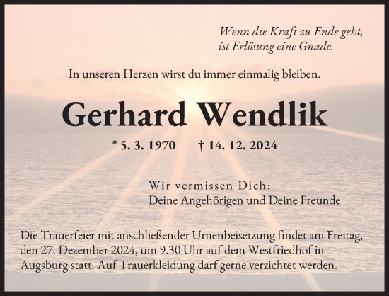 Traueranzeige von Gerhard Wendlik von Mittelschwäbische Nachrichten, Augsburger Allgemeine