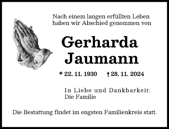 Traueranzeige von Gerharda Jaumann von Augsburger Allgemeine