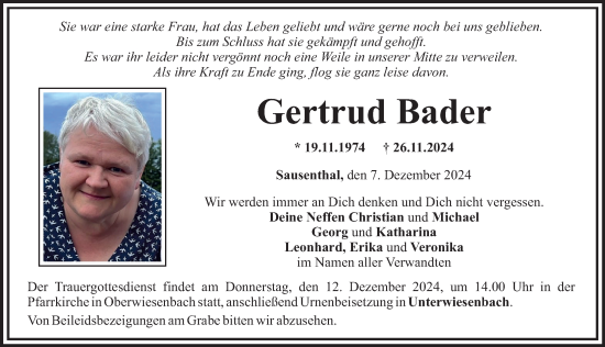 Traueranzeige von Gertrud Bader von Mittelschwäbische Nachrichten