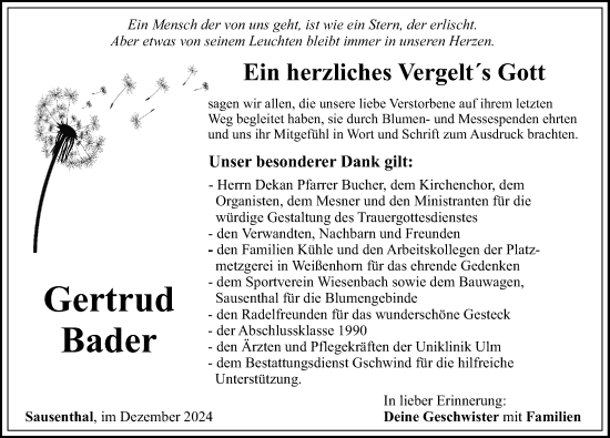 Traueranzeige von Gertrud Bader von Mittelschwäbische Nachrichten