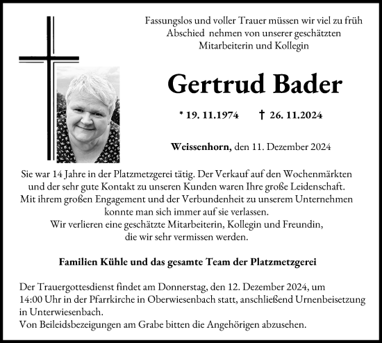 Traueranzeige von Gertrud Bader von Neu-Ulmer Zeitung