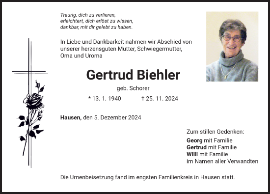Traueranzeige von Gertrud Biehler von Mindelheimer Zeitung