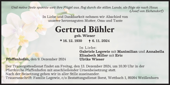 Traueranzeige von Gertrud Bühler von Neu-Ulmer Zeitung