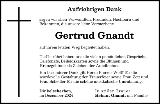 Traueranzeige von Gertrud Gnandt von Augsburg-Land