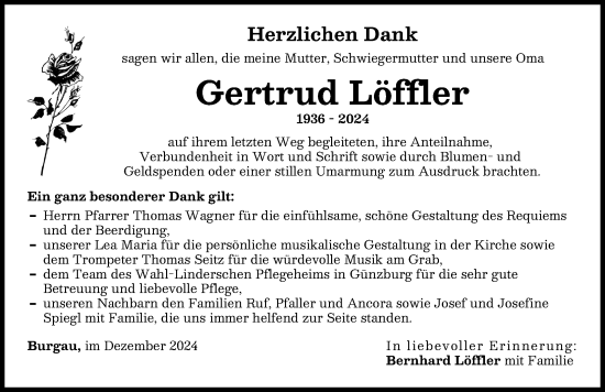 Traueranzeige von Gertrud Löffler von Günzburger Zeitung
