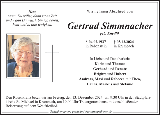 Traueranzeige von Gertrud Simmnacher von Mittelschwäbische Nachrichten