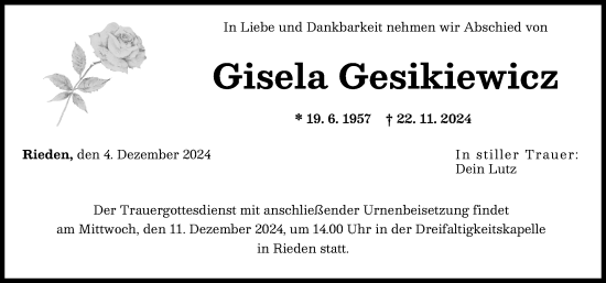 Traueranzeige von Gisela Gesikiewicz von Günzburger Zeitung