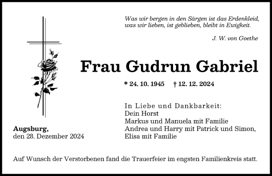 Traueranzeige von Gudrun Gabriel von Augsburger Allgemeine