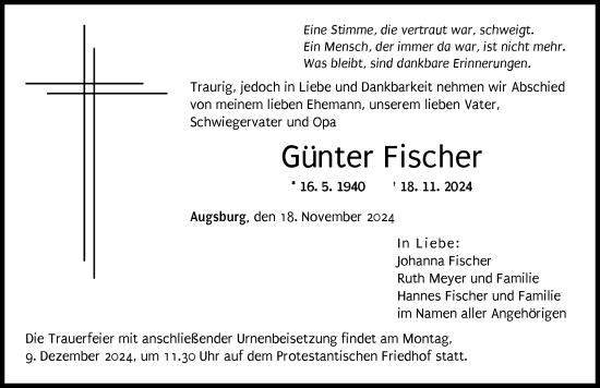 Traueranzeige von Günter Fischer von Augsburger Allgemeine