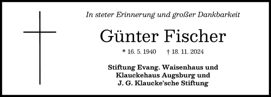 Traueranzeige von Günter Fischer von Augsburger Allgemeine