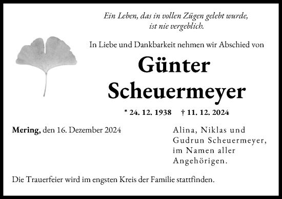 Traueranzeige von Günter Scheuermeyer von Friedberger Allgemeine