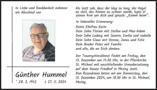 Traueranzeige von Günther Hummel von Friedberger Allgemeine, Augsburger Allgemeine