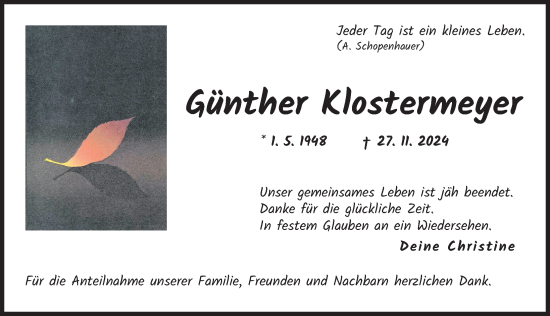 Traueranzeige von Günther Klostermeyer von Augsburger Allgemeine