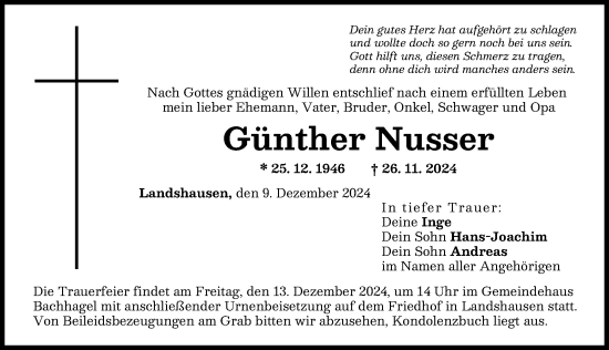 Traueranzeige von Günther Nusser von Donau Zeitung