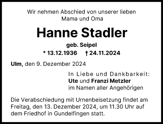 Traueranzeige von Hanne Stadler von Donau Zeitung