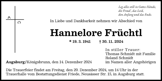 Traueranzeige von Hannelore Früchtl von Augsburger Allgemeine