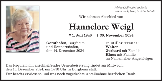 Traueranzeige von Hannelore Weigl von Neuburger Rundschau