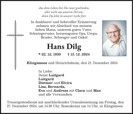 Traueranzeige von Hans Dilg von Neuburger Rundschau