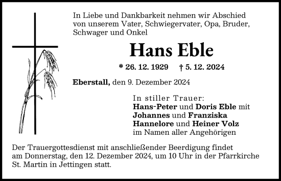 Traueranzeige von Hans Eble von Günzburger Zeitung, Augsburger Allgemeine, Neu-Ulmer Zeitung