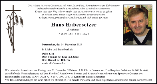 Traueranzeige von Hans Habersetzer von Neuburger Rundschau