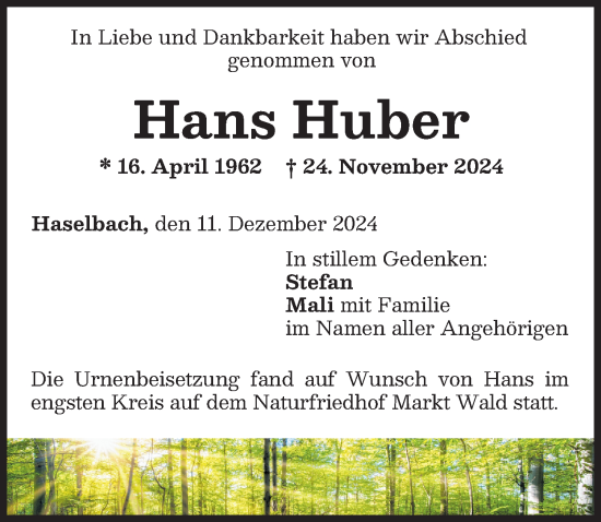 Traueranzeige von Hans Huber von Mindelheimer Zeitung