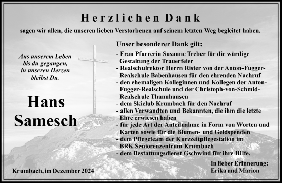 Traueranzeige von Hans Samesch von Mittelschwäbische Nachrichten