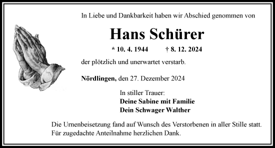 Traueranzeige von Hans Schürer von Rieser Nachrichten