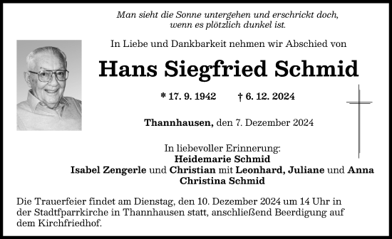 Traueranzeige von Hans Siegfried Schmid von Mittelschwäbische Nachrichten