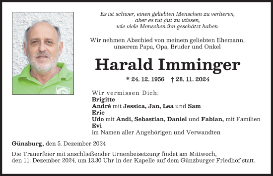 Traueranzeige von Harald Imminger von Günzburger Zeitung