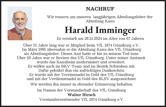 Traueranzeige von Harald Imminger von Günzburger Zeitung