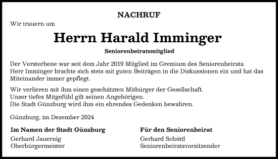 Traueranzeige von Harald Imminger von Günzburger Zeitung