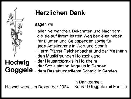 Traueranzeige von Hedwig Goggele von Augsburger Allgemeine, Neu-Ulmer Zeitung