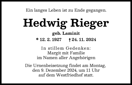 Traueranzeige von Hedwig Rieger von Augsburger Allgemeine