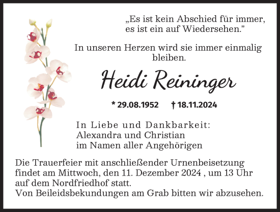 Traueranzeige von Heidi Reininger von Augsburger Allgemeine