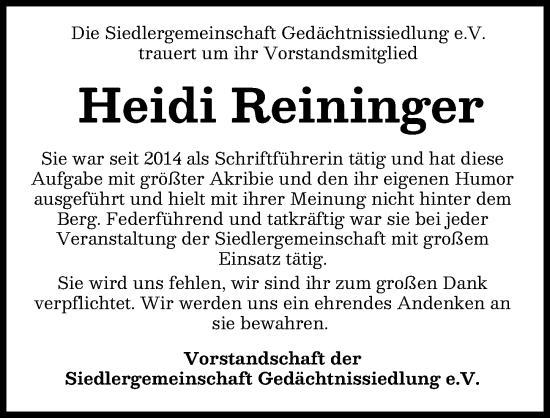Traueranzeige von Heidi Reininger von Augsburger Allgemeine