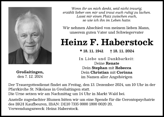 Traueranzeige von Heinz F. Haberstock von Schwabmünchner Allgemeine