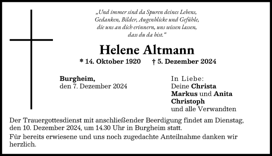 Traueranzeige von Helene Altmann von Neuburger Rundschau