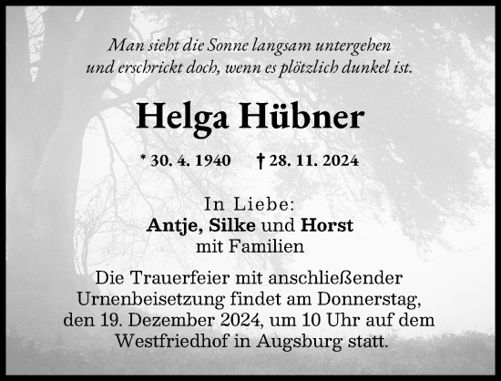 Traueranzeige von Helga Hübner von Donauwörther Zeitung