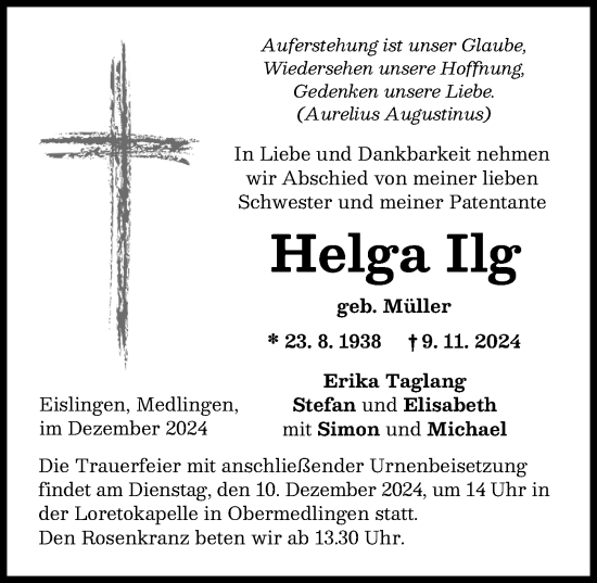 Traueranzeige von Helga Ilg von Donau Zeitung