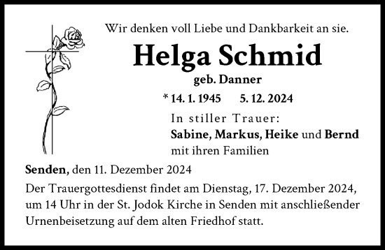 Traueranzeige von Helga Schmid von Neu-Ulmer Zeitung