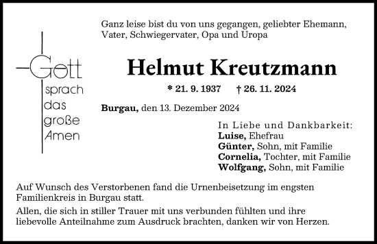 Traueranzeige von Helmut Kreutzmann von Günzburger Zeitung