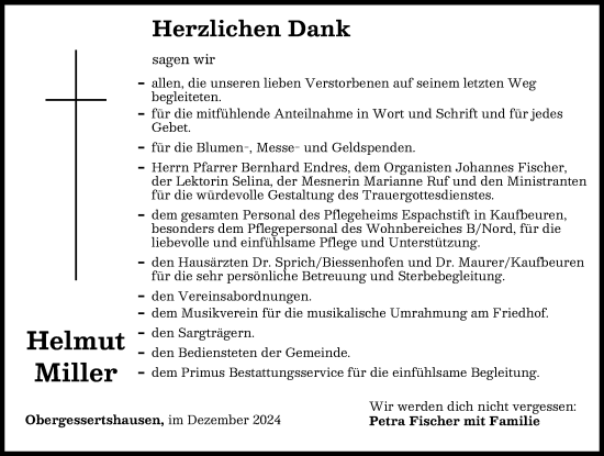 Traueranzeige von Helmut Miller von Mittelschwäbische Nachrichten