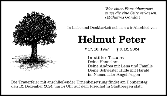 Traueranzeige von Helmut Peter von Augsburger Allgemeine