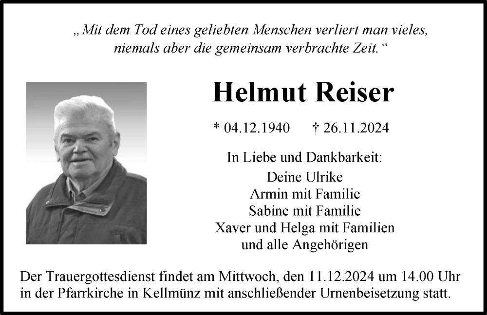  Traueranzeige für Helmut Reiser vom 09.12.2024 aus Illertisser Zeitung